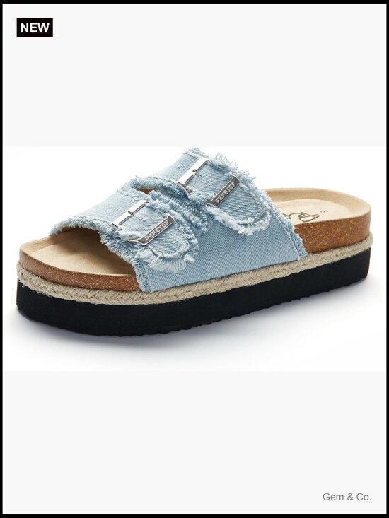 Shoes - Slide Sandals with Cork Footbed, Adjustable Buckle Strap, 1.75" Platform